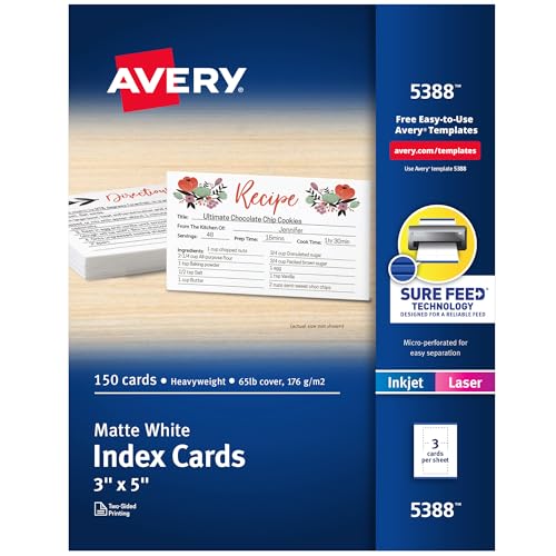 Avery Printable Index Cards, Sure Feed Technology, 3" x 5", Matte White, Laser & Inkjet Compatible, 150 Blank Cards Total, Great for Product Branding, Marketing, and More (5388)