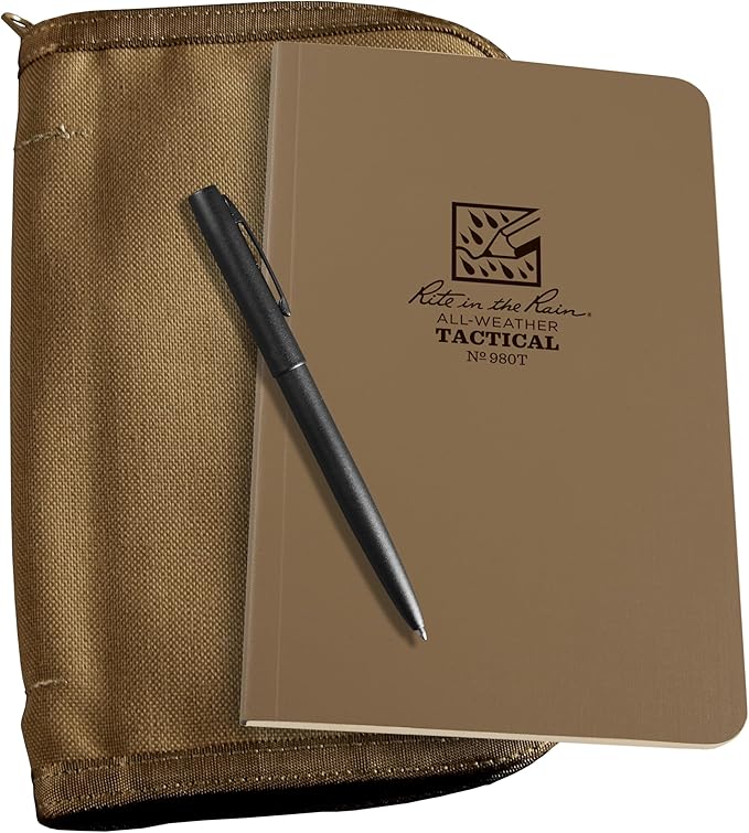 Rite in the Rain Weatherproof Tactical Field Kit: Tan CORDURA Fabric Cover, 4.625" x 7.25" Tan Tactical Notebook, and Weatherproof Pen (No. 980T-KIT)