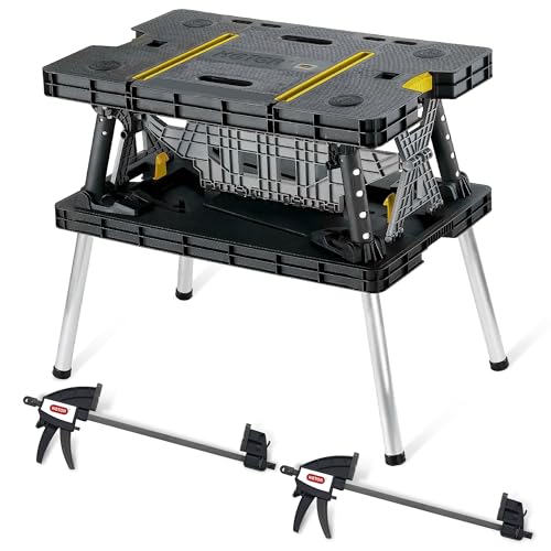 Keter Heavy-Duty Folding Workbench with 1,000 Pound Capacity | Foldable Work Table with 12 Inch Adjustable Clamps for Garage and Outdoor Workshop, Home Improvement, and Construction