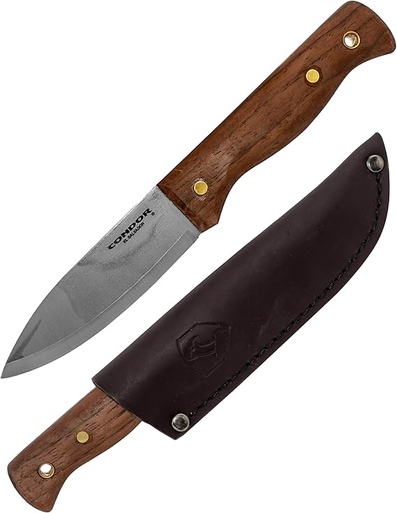 Condor Bushlore Knife - Bushcraft Knife - 1075 High Carbon Steel - Walnut Handle - Scandi Grind - Small Fixed Blade Knives - Hand Crafted Leather Sheath - 3mm Thick - 4.3in Blade - 6.1 oz