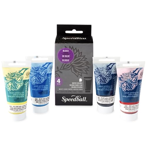 Speedball Water-Soluble Block Printing Ink Set – 4 Bold Colors With Satiny Finish - 1.25 FL OZ Tubes