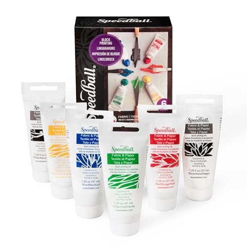 Speedball Premium Block Printing Ink Set - 6 Colors for Fabric and Paper - Water Soluble Oil Based Ink - 1.25 oz Each - Non Toxic Art Supplies