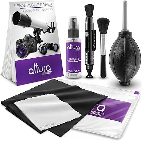 Altura Photo Camera Cleaning Kit - Lens Cleaner Spray, Brush, Pen, Blower, Microfiber Cleaning Cloths, Tissue Wipes for Canon Nikon Sony Fuji Olympus Pentax Sigma Tamron DSLR & Mirrorless Cameras