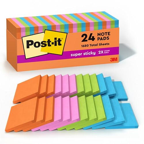 Post-it Super Sticky Notes, 24 Sticky Note Pads, 3 x 3 in., School Supplies for Students, Ideal for Textbooks, Notebooks, Walls and Vertical Surfaces, Energy Boost Collection
