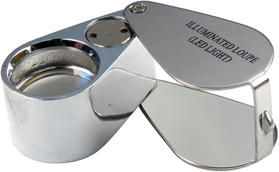 SE Illuminated 10X Magnifying Loupe with LED Light - 21mm Optical Glass Lens, Portable Folding Design, for Jewelry, Geology, Biology - Includes Case and Batteries - Silver Metal Construction