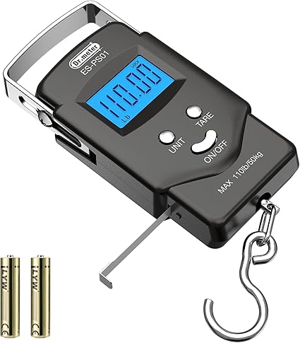 Dr.meter Fish Scale Luggage Scale Fishing Gear - 110lb Backlit LCD Display Digital Scale with Built-in Measuring Tape - Fishing Scale with 2 AAA Batteries, Pocket Size - Fishing Gifts for Men