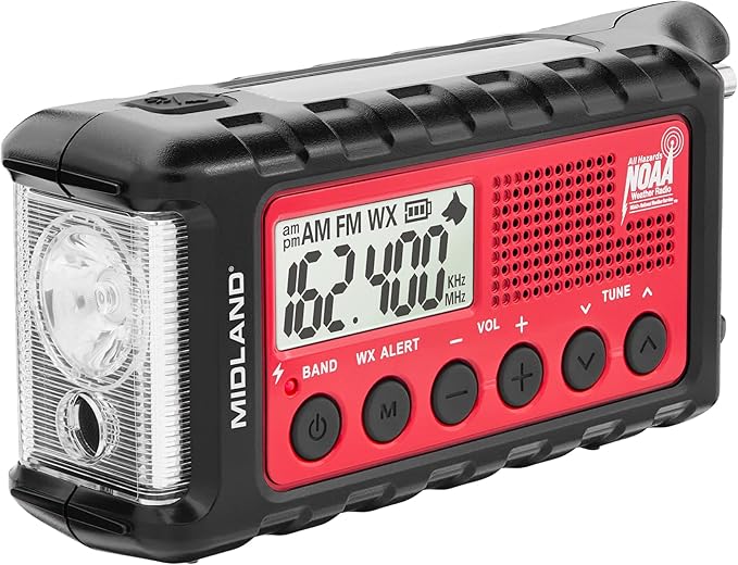 Midland - ER310, Emergency Crank Weather AM/FM Radio - Multiple Power Sources, SOS Emergency Flashlight, Ultrasonic Dog Whistle, & NOAA Weather Scan + Alert (Red/Black)