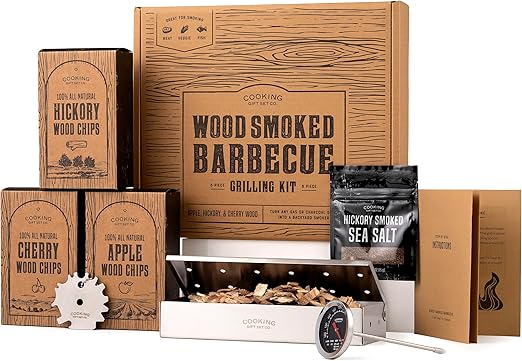 Grilling Accessories BBQ Smoker Box Grill Kit - Stainless Steel Smoke Box for Gas Grill and Charcoal with Wood Chips, Meat Thermometer and Scraper - Complete Outdoor BBQ Accessories Gift Set for Men