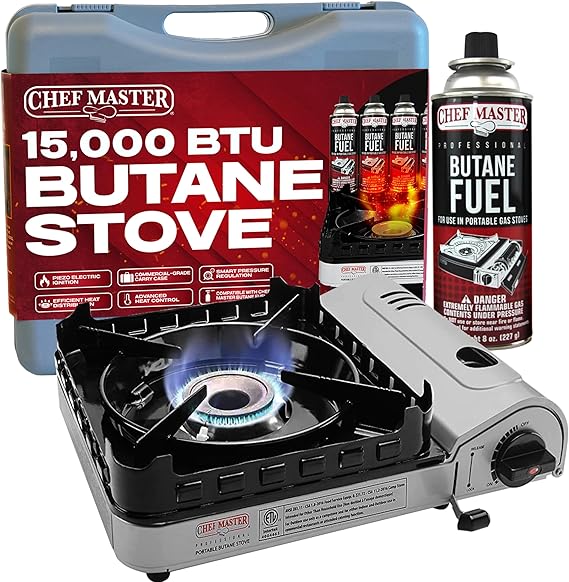 Chef Master 15,000 BTU Butane Portable Camp Stove | Double Wind-Guard Portable Stove Burner w/Piezo Click Ignition for Emergencies, Tailgating, Hiking, Backpacking & Camping Essentials - 90019