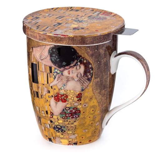 McIntosh Gustav Klimt The Kiss Fine Bone China (15 oz) Tea Mug with Infuser and Lid in Matching Gift Box