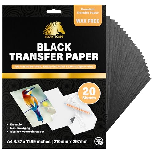 MyArtscape Graphite Transfer Paper - A4 Black 20 Sheets | Wax free carbon transfer paper with reusable erasable sheets for tracing on paper wood canvas watercolor