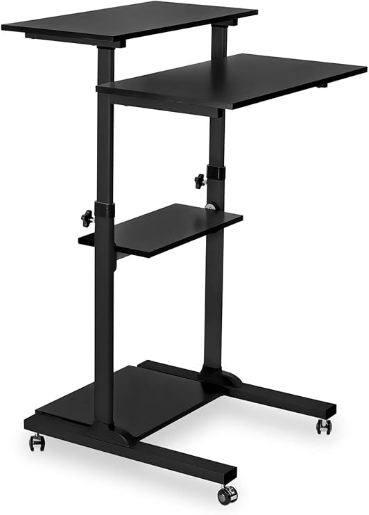 Mount-It! Black Rolling Standing Desk, Adjustable Height up to 54.7", Portable Laptop Podium Desk on Wheels, Mobile Computer Workstation with 4 Shelves 27.5" Wide, Cart for Home Office or Classroom