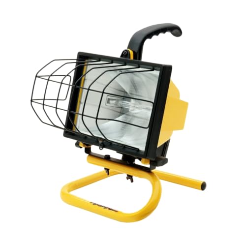 Rocky Mountain Goods Halogen Worklight with Stand/Handle - 500-Watt Portable Handheld Shop Light - Adjustable Lighting Angle - Grip Handle - Lens Guard - Industrial Aluminum housing - 5’ Power Cord