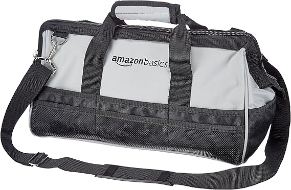Amazon Basics Durable Wear-Resistant Tool Storage Bag with Adjustable Shoulder Strap, Portable Tool Organizer, 16 in, Black & Grey