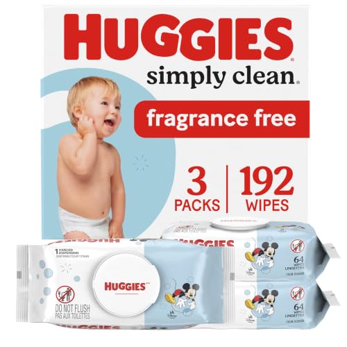 Huggies Simply Clean Baby Wipes, Unscented, 3 Packs, 192 Wipes | Fragrance Free, Soft & Strong, Everyday Cleanup, Thick & Absorbent, No Harsh Irritants, 1-Handed Dispensing
