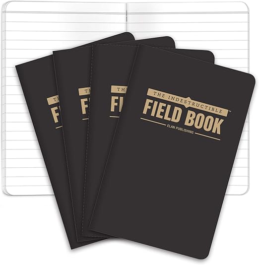 Elan Publishing Company The Indestructible, Waterproof, Tearproof, Weatherproof Field Notebook - 3.5"x5.5" - Black- Lined Memo Book - Pack of 4