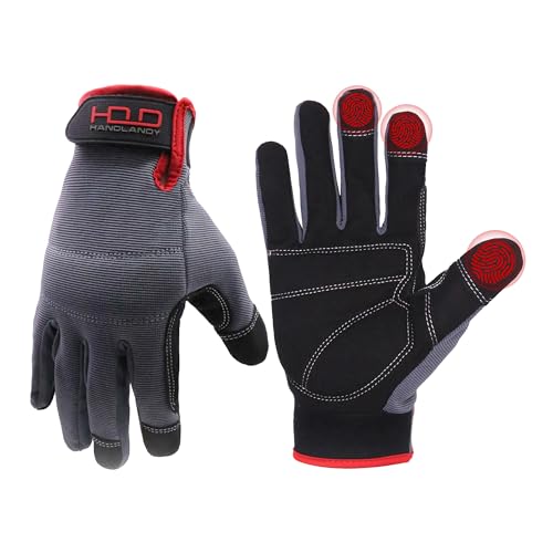 HANDLANDY Mens Work Gloves Touch screen, Synthetic Leather Utility Gloves, Flexible Breathable Fit- Padded Knuckles & Palm (Large)
