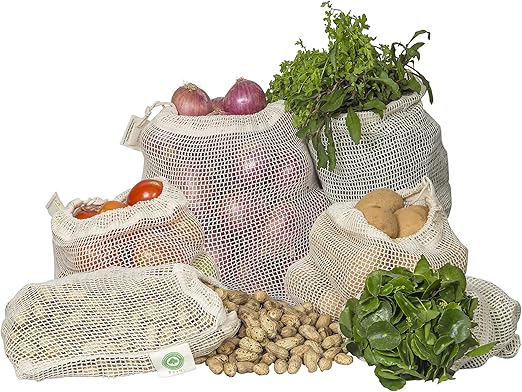 Reusable Cotton Mesh Produce Bags - 100% Organic Cotton, Durable, Double Stitched, Washable with Tare Weight & Drawstring - Mesh Bags for Grocery Shopping, Vegetables & Fruits | Set of 6 (2L, 2M, 2S)