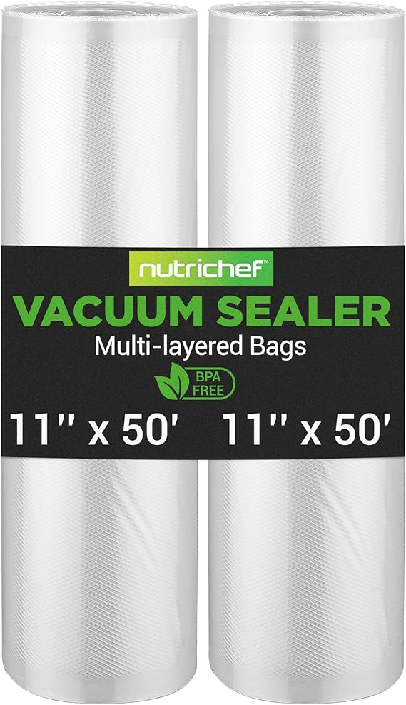 NutriChef Vacuum Sealer Bags 11x50 Rolls 2 pack for Food Saver, Seal a Meal, NutriChef, Weston. Commercial Grade, BPA Free, Heavy Duty, Great for vac storage, Meal Prep or Sous Vide