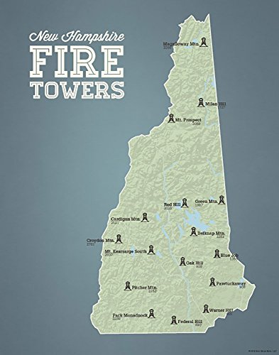 Best Maps Ever New Hampshire Fire Tower Quest Checklist Map 11x14 Print (Sage & Slate Blue)