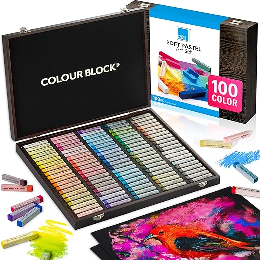 COLOUR BLOCK Soft Pastels for Artists - 100 Colors Square Chalk Pastels Set in Wooden Box - Vibrant Pigments Art Kit for Painting, Drawing, Sketching, Hobbyists.