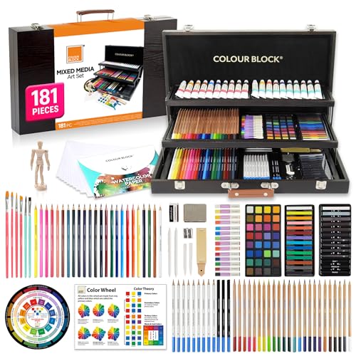COLOUR BLOCK 181-Piece Mixed Media Art Set in Wooden Case, Deluxe Drawing Set and Professional Art Supplies for Adults, Art Kit for Drawing, Sketching, Painting with 12 Mediums, 11 Tools and Paper