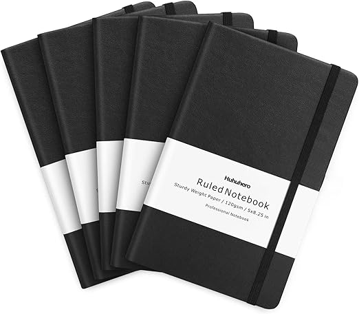 Huhuhero Lined Journal Notebook, 5 Pack Black Hardcover Notebooks for Work Women Men, 120Gsm Thick Paper Leather Journals for Writing Note Taking Business, Journaling School Supplies 5"×8.25"