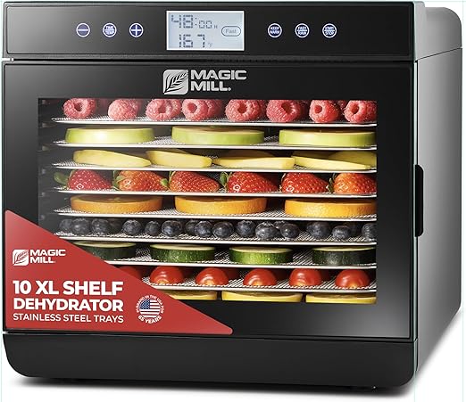 Magic Mill Premium Food Dehydrator Machine (10 Extra-Large Stainless Steel Trays) 700W Dryer for Beef Jerky, Fruits, Vegetables, Dog Treats, 48 Hour Digital Timer - 95°-167° Temperature Control