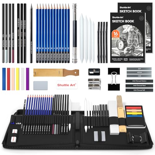 Shuttle Art 52 Pack Drawing Pencils Set, Professional Art Kit with Graphite Charcoal Sticks, Drawing Pad in Portable Case, Ideal for Kids and Adults Artists