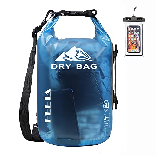 HEETA Dry Bag Waterproof Backpack with Phone Case (Transparent Blue, 5L) | Roll Top Lightweight Dry Storage Bag for Women Men, Travel Boating Kayaking Paddle Board Camping Beach Essentials Accessories
