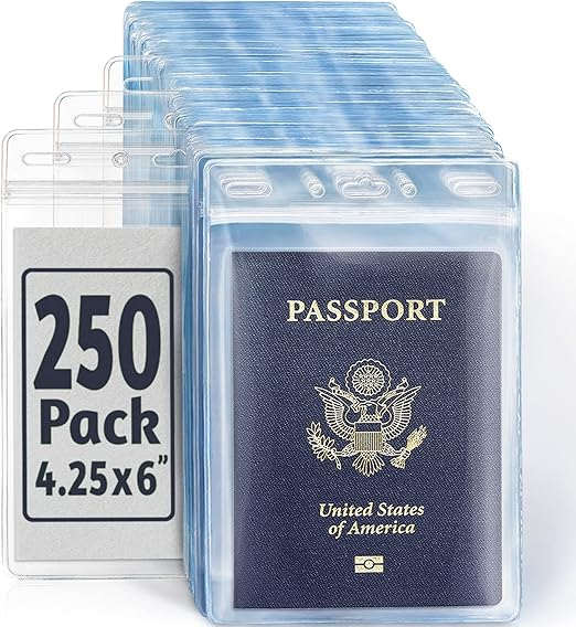 EcoEarth 4x6 Inch Passport & Card Holders with Soft Edge (Clear, 250 PK) - Extra Large (XXL) Vertical ID Holder - Resealable and Waterproof Identification Name Card Holder