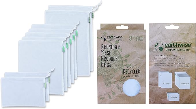 Earthwise Reusable Produce Bags Premium Mesh Set of 9 Bags Made from Recycled Plastic Bottles Ultra Durable, Eco Friendly See Through Transparent Material, Earth Friendly Gift Box (Rpet Mesh)