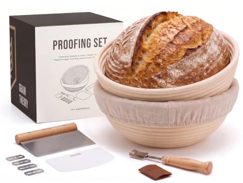 Kook Banneton Bread Proofing Set, Artisan Sourdough Bread Making Kit, 9 Inch Handwoven Rattan Baskets and Liners, Metal & Plastic Dough Scrapers, Scoring Lame & Case, 4 Extra Blades, Set of 2, Round