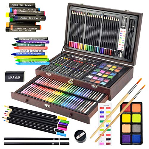 Sunnyglade 145 Piece Deluxe Art Set Wooden Art Box & Drawing Kit Cherry | Art Kit with Crayons, Oil Pastels, Colored Pencils, Watercolor Pans, Sketch Pencils, Brush, Sharpener, Eraser, Color Chart