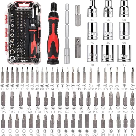 Amazon Basics Magnetic Ratcheting Wrench and Electronics Precision Screwdriver Tool Set, 73-Piece, with Carry Case for Household Repair, Small Jobs, Eyeglasses, Black/Red/Silver