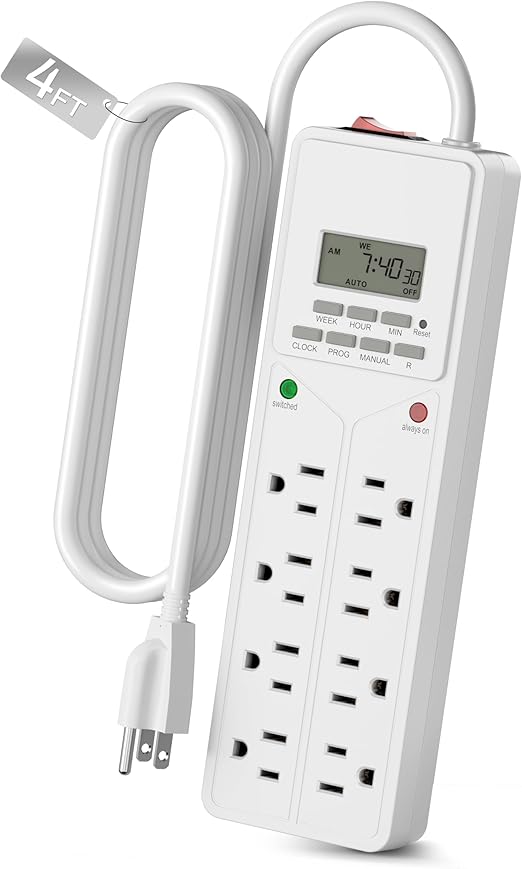 BN-LINK 8 Outlet Surge Protector with 7-Day Digital Timer (4 Outlets Timed, 4 Outlets Always On) - White