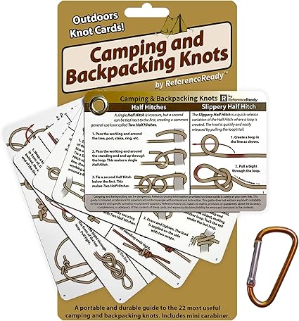 ReferenceReady Outdoor Knots Pocket Guide - Waterproof Knot Tying Cards with Mini Carabiner, 22 Rope Knots for Camping, Backpacking, Scouting and Bushcraft