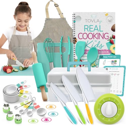Tovla Jr. Kids Real Cooking and Baking Set | Ultimate Gift Kit | Ages 6-12 | Montessori Cooking Set | Kid Safe Knives Baking Tools | STEM Learning | Birthday Christmas Gift | Premium Gift Packaging