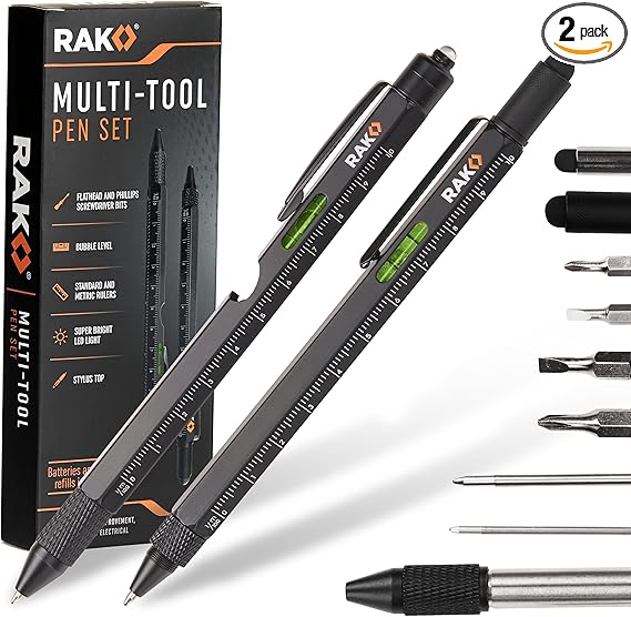 RAK Multitool Pen - Multi-Tool Pen Set 11 in 1, LED Light, Screwdrivers, Level, Ruler, Bottle Opener, and Stylus. Cool Gadgets Gifts for Men, Dad, EDC Tactical Pen Tool, Gift-Ready Box, Pack of 2