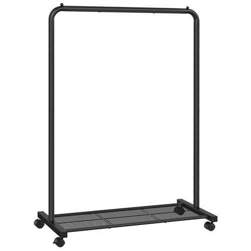 SONGMICS Clothes Rack with Wheels, Clothing Rack for Hanging Clothes, 25.4 mm Metal Garment Rack with Dense Mesh Storage Shelf, 110 lb Load Capacity, 2 Brakes, Black UHSR25BK