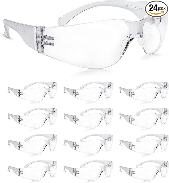 amoolo Clear Safety Glasses Bulk of 24, Protective Eyewear for Men Women, ANSI Z87.1 Impact Resistant Eye Protection for Work, Lab, Construction