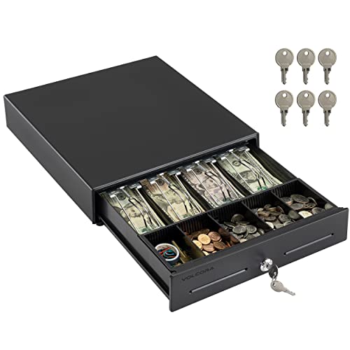 Volcora 13" Electronic Cash Register Drawer for Point of Sale (POS) System with 4 Bill 5 Coin Cash Tray, Removable Coin Compartment, 12-24V, RJ11/RJ12 Key-Lock, Black - for Small Businesses