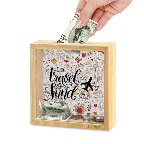 Piggy Bank for Kids. Wooden Money Coin Bank for Boys and Girls，Coin Bank Money Bank，Natural Wood Money Box，Travel Fund Printed on The Plexiglass Front.