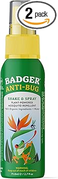 Badger Bug Spray, 3-Hour DEET-Free Mosquito Repellent, Family Friendly, Citronella & Organic Essential Oils, Natural & Vegan Insect Repellent Spray for Travel, 2.7 fl oz Aluminum Bottle, 2-Pack
