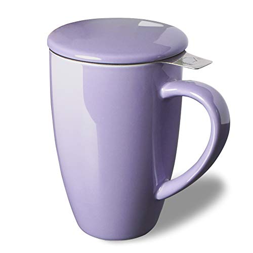 Sweejar Porcelain Tea Infuser Mug with Lid, 16 oz Teacup with Strainers for Loose Leaf Tea, Microwave and Dishwasher Safe Coffee Mug(Purple)