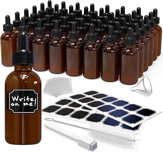 Nevlers 48 Pack Amber Glass Dropper Bottles | 2 Oz Glass Dropper Bottle Set w/Funnel, Brush, Shrink Wrap, Marker & Labels | Leakproof Amber Bottles with Droppers for Oils, Tinctures, Serum & Medicine