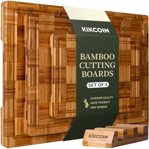 Kikcoin Extra Large Bamboo Cutting Board, Wood Cutting Boards for Kitchen | Set of 3 Charcuterie & Chopping Boards with Juice Groove & Storage Stand End Grain Serving Tray
