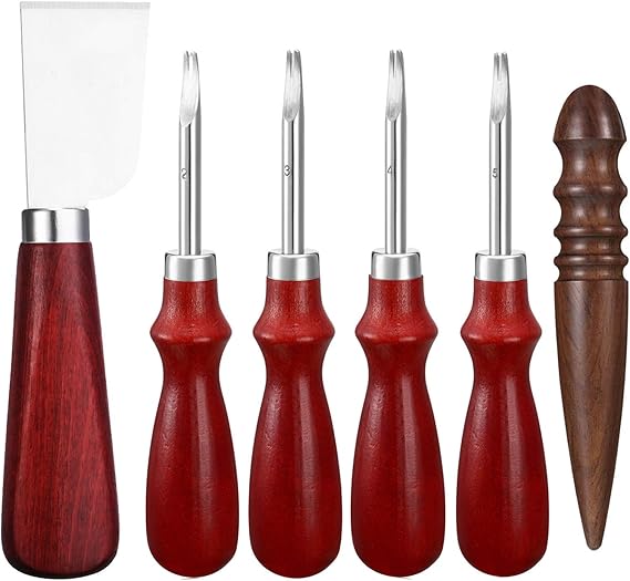Honoson 6 Piece Leather Craft Tool Set - Includes 4 Edge Beveler, Cutting Knife, Skiving Knife, and Sandalwood Burnisher (1.5 Mm, 1.2 Mm, 1.0 Mm, 0.8 Mm)