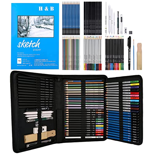 H & B 72PCS Drawing Pencils Set Sketching Kit, Art Supplies with Sketchbook