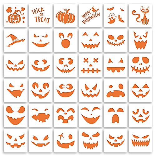 36 Pieces Halloween Drawing Stencils, 6 Inch Pumpkin Faces Stencil | Plastic Reusable Pumpkin Faces Painting Stencil for DIY Pumpkin Carving, Wood, Walls Art and Halloween Decoration